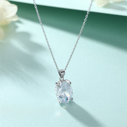 925 Sterling Silver Oval Zirconia Pendant Necklace – Elegant Egg-Shaped Collarbone Chain for Women