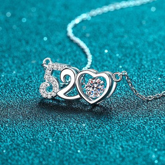 925 Sterling Silver PT950-Plated "520" Heart Pendant Necklace - 0.5CT Moissanite Valentine's Gift