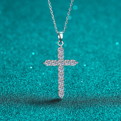 925 Sterling Silver PT950-Plated Cross Pendant Necklace - Moissanite Layered Collarbone Chain