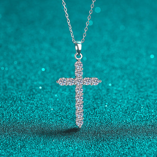925 Sterling Silver PT950-Plated Cross Pendant Necklace - Moissanite Layered Collarbone Chain