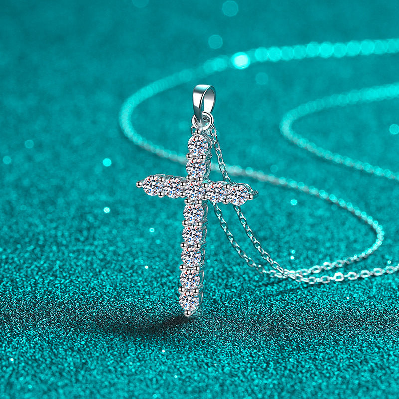925 Sterling Silver PT950-Plated Cross Pendant Necklace - Moissanite Layered Collarbone Chain