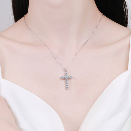 925 Sterling Silver PT950-Plated Cross Pendant Necklace - Moissanite Layered Collarbone Chain