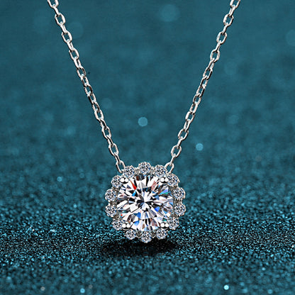 925 Sterling Silver PT950-Plated Floral Pendant Necklace - 1CT Moissanite Cluster Collarbone Chain