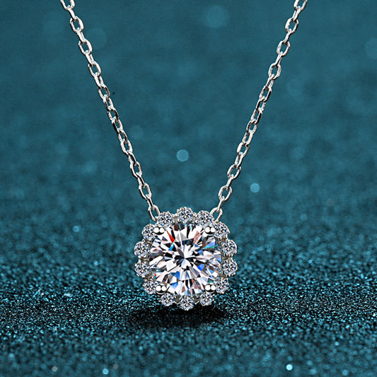 925 Sterling Silver PT950-Plated Floral Pendant Necklace - 1CT Moissanite Cluster Collarbone Chain