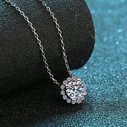 925 Sterling Silver PT950-Plated Floral Pendant Necklace - 1CT Moissanite Cluster Collarbone Chain