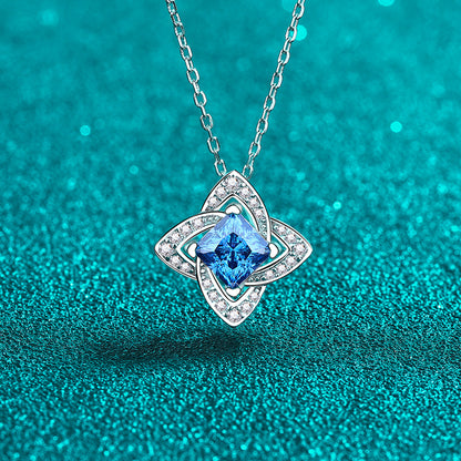 925 Sterling Silver PT950-Plated Four-Leaf Clover Pendant Necklace - 1CT Blue/White Moissanite Luxury Chain