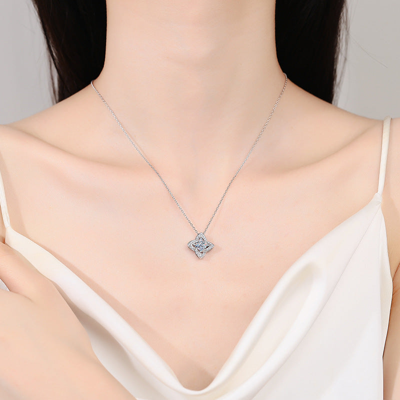 925 Sterling Silver PT950-Plated Four-Leaf Clover Pendant Necklace - 1CT Blue/White Moissanite Luxury Chain