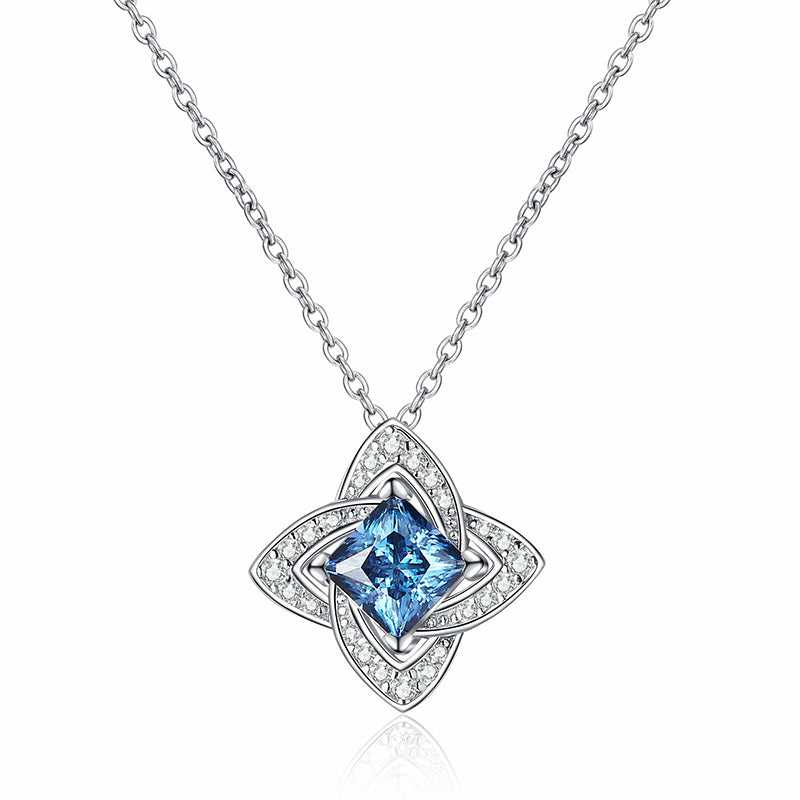 925 Sterling Silver PT950-Plated Four-Leaf Clover Pendant Necklace - 1CT Blue/White Moissanite Luxury Chain