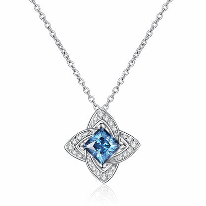 925 Sterling Silver PT950-Plated Four-Leaf Clover Pendant Necklace - 1CT Blue/White Moissanite Luxury Chain