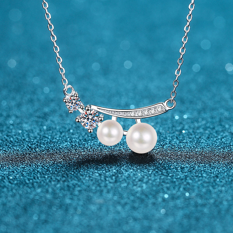 925 Sterling Silver PT950-Plated Geometric Pendant Necklace - 0.43CT Moissanite & Freshwater Pearl Chain