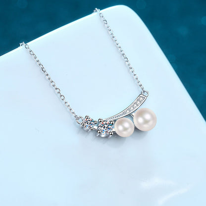 925 Sterling Silver PT950-Plated Geometric Pendant Necklace - 0.43CT Moissanite & Freshwater Pearl Chain