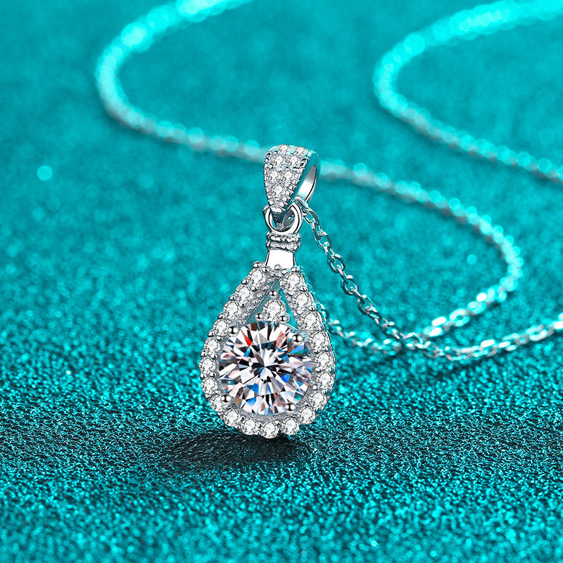 925 Sterling Silver PT950-Plated Geometric Pendant Necklace - 1CT Moissanite Statement Collarbone Chain