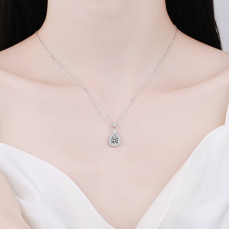 925 Sterling Silver PT950-Plated Geometric Pendant Necklace - 1CT Moissanite Statement Collarbone Chain