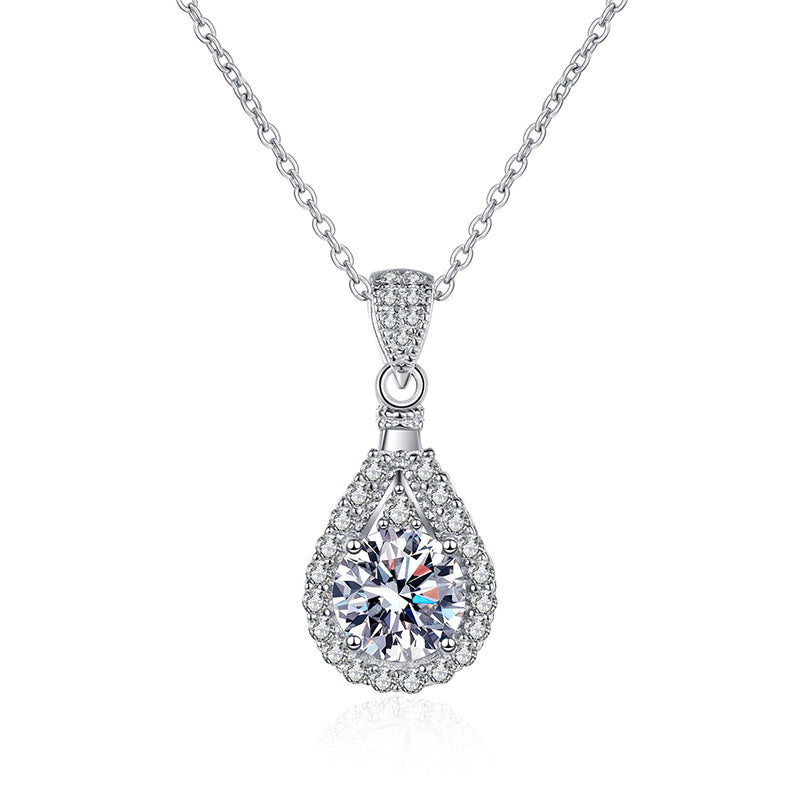925 Sterling Silver PT950-Plated Geometric Pendant Necklace - 1CT Moissanite Statement Collarbone Chain