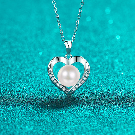 925 Sterling Silver PT950-Plated Heart Pendant Necklace - 0.096CT Moissanite & 8-9mm Freshwater Pearl Chain