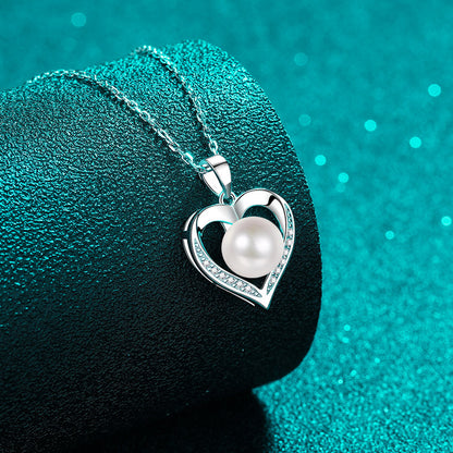 925 Sterling Silver PT950-Plated Heart Pendant Necklace - 0.096CT Moissanite & 8-9mm Freshwater Pearl Chain