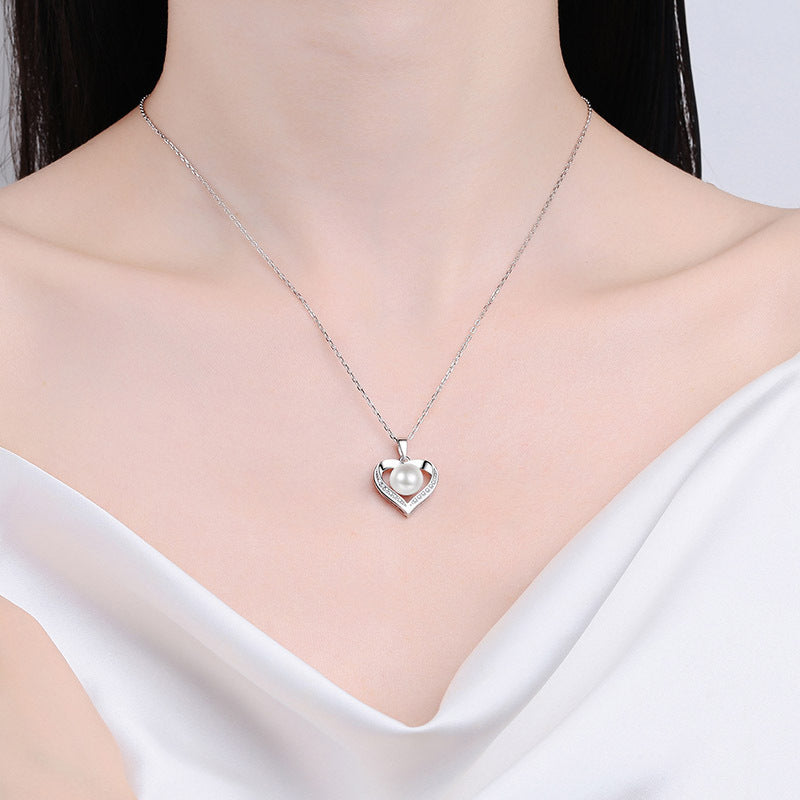 925 Sterling Silver PT950-Plated Heart Pendant Necklace - 0.096CT Moissanite & 8-9mm Freshwater Pearl Chain