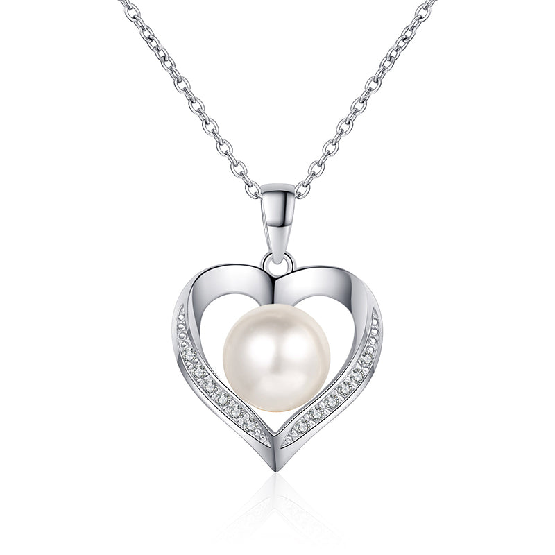 925 Sterling Silver PT950-Plated Heart Pendant Necklace - 0.096CT Moissanite & 8-9mm Freshwater Pearl Chain