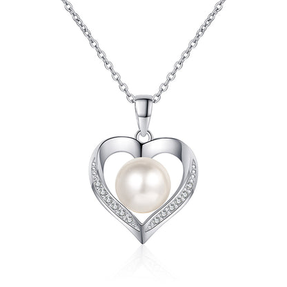 925 Sterling Silver PT950-Plated Heart Pendant Necklace - 0.096CT Moissanite & 8-9mm Freshwater Pearl Chain