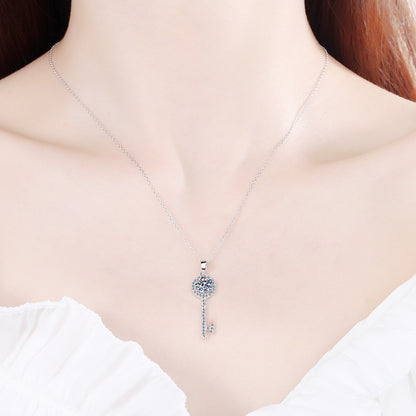 925 Sterling Silver PT950-Plated Key Pendant Necklace - 0.5CT/1CT Moissanite Korean Style Collarbone Chain