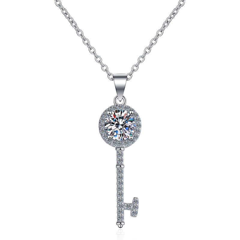 925 Sterling Silver PT950-Plated Key Pendant Necklace - 0.5CT/1CT Moissanite Korean Style Collarbone Chain