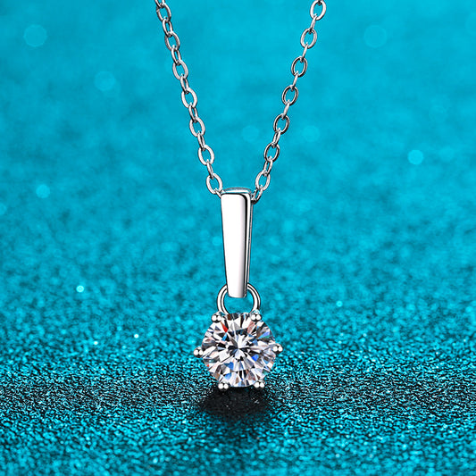 925 Sterling Silver PT950-Plated Six-Prong Pendant Necklace - 1CT/2CT Moissanite Simulated Diamond Chain