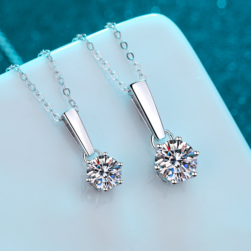 925 Sterling Silver PT950-Plated Six-Prong Pendant Necklace - 1CT/2CT Moissanite Simulated Diamond Chain