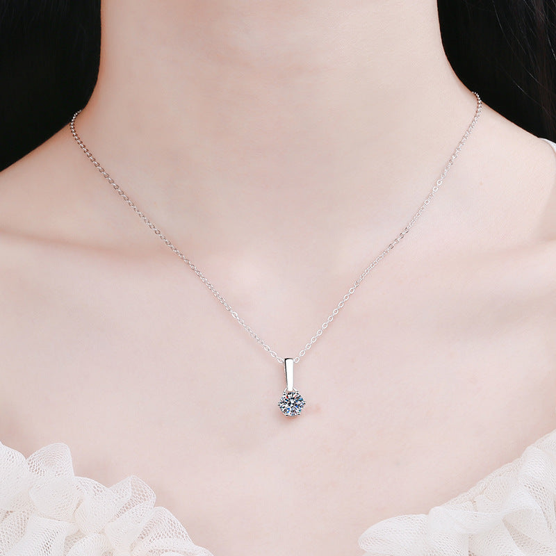 925 Sterling Silver PT950-Plated Six-Prong Pendant Necklace - 1CT/2CT Moissanite Simulated Diamond Chain