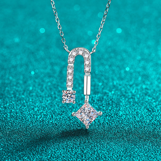 925 Sterling Silver PT950-Plated Square Pendant Necklace - 1.3CT Moissanite Minimalist Luxury Chain