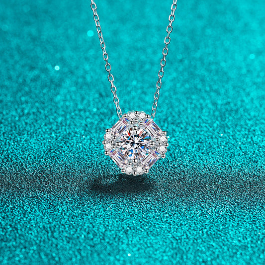 925 Sterling Silver PT950-Plated Square Pendant Necklace - 1.62CT Moissanite Luxury Collarbone Chain