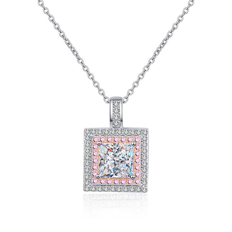 925 Sterling Silver PT950-Plated Sugar Cube Pendant Necklace - 1CT Moissanite Rose Gold Chain