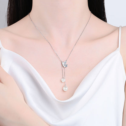 925 Sterling Silver PT950 -Plated Necklace - 1 Carat Moissanite & 6/8mm Pearl Cherry Motif Sporty Choker