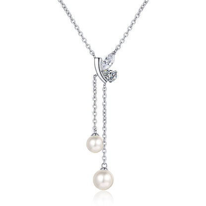 925 Sterling Silver PT950 -Plated Necklace - 1 Carat Moissanite & 6/8mm Pearl Cherry Motif Sporty Choker