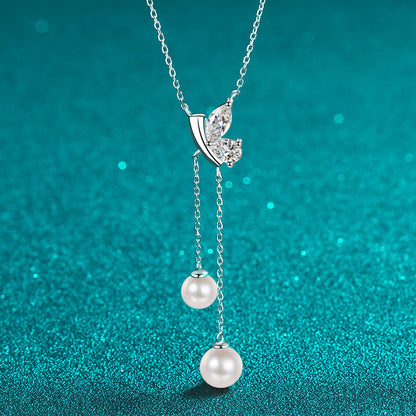 925 Sterling Silver PT950 -Plated Necklace - 1 Carat Moissanite & 6/8mm Pearl Cherry Motif Sporty Choker