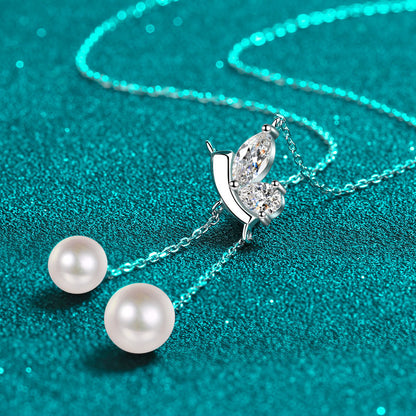 925 Sterling Silver PT950 -Plated Necklace - 1 Carat Moissanite & 6/8mm Pearl Cherry Motif Sporty Choker
