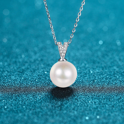 925 Sterling Silver PT950 -Plated Necklace - 4.5-Point Moissanite & 10-11mm Flawless Freshwater Pearl Minimalist Choker
