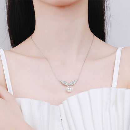 S925 Sterling Silver PT950 -Plated Angel Wing Necklace - 75-Point Moissanite & 10-11mm Pearl Bee Motif Choker