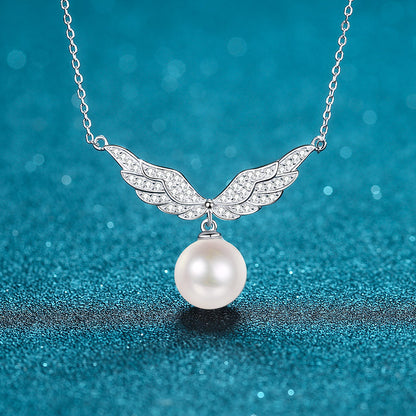 S925 Sterling Silver PT950 -Plated Angel Wing Necklace - 75-Point Moissanite & 10-11mm Pearl Bee Motif Choker