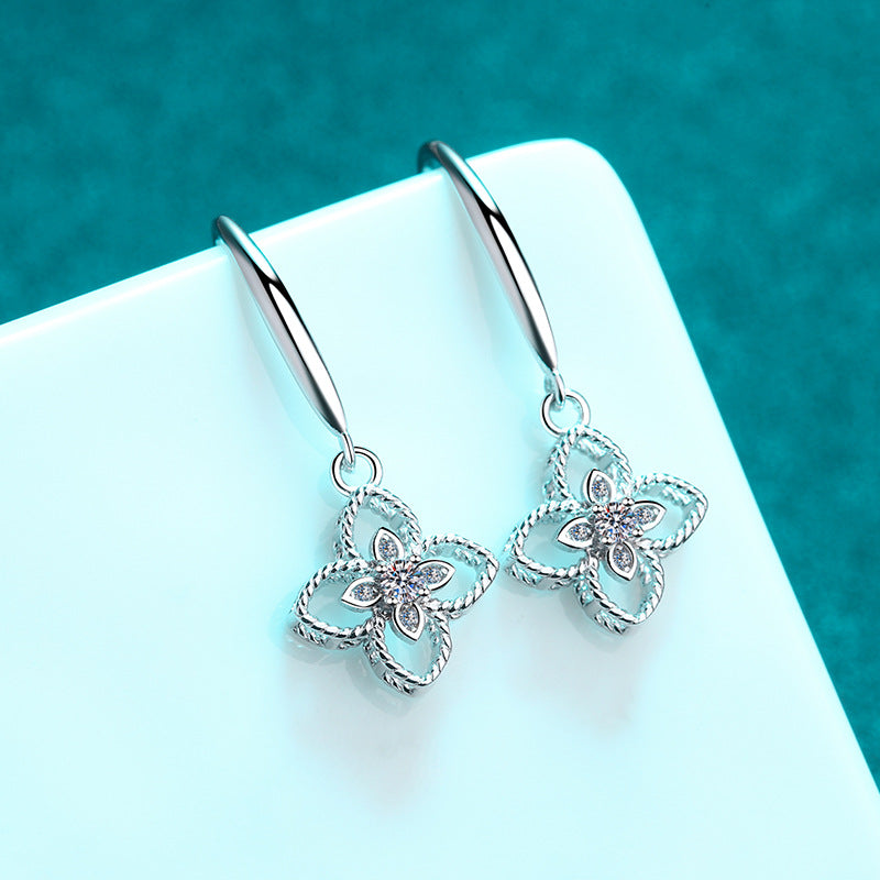 925 Sterling Silver PT950 Gold Plated Clover Drop Earrings - 0.08ct Moissanite Dainty Tribal Motif Ear Jewelry