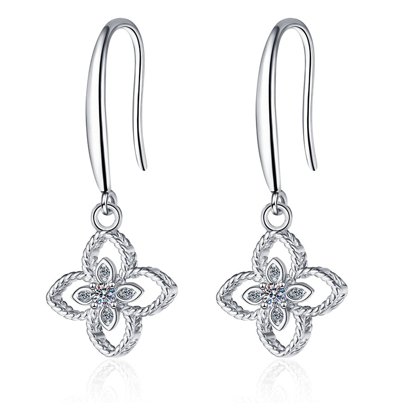 925 Sterling Silver PT950 Gold Plated Clover Drop Earrings - 0.08ct Moissanite Dainty Tribal Motif Ear Jewelry