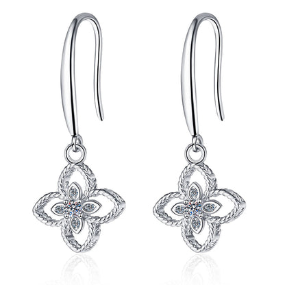 925 Sterling Silver PT950 Gold Plated Clover Drop Earrings - 0.08ct Moissanite Dainty Tribal Motif Ear Jewelry