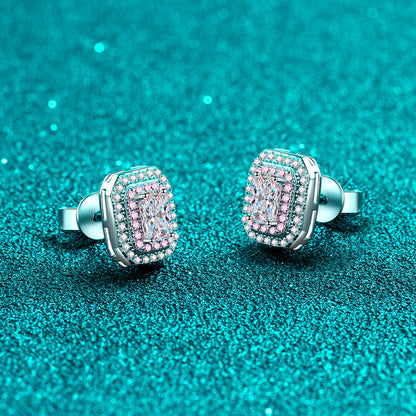 925 Sterling Silver PT950 Gold Plated Emerald & Radiant Cut Moissanite Stud Earrings - 1CT