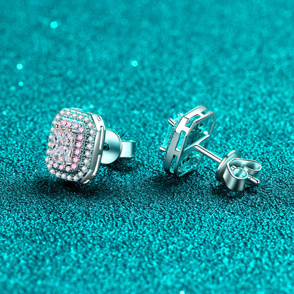 925 Sterling Silver PT950 Gold Plated Emerald & Radiant Cut Moissanite Stud Earrings - 1CT