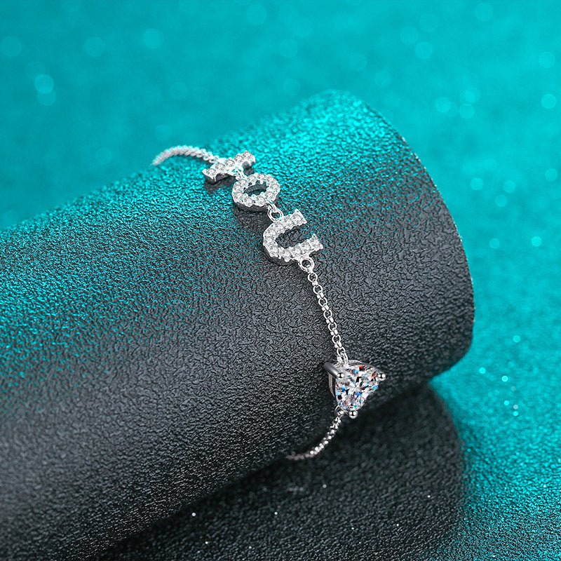 Chanel Style Initial Bracelet - Choice of 1ct Moissanite or 6.5mm Heart Zircon in 925 Silver | 5-Layer Plating