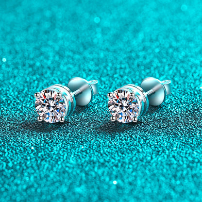 925 Sterling Silver PT950 Gold Plated Screw-Back Stud Earrings - 4 Prong Moissanite & Zircon Earrings (0.3CT-2CT Options)
