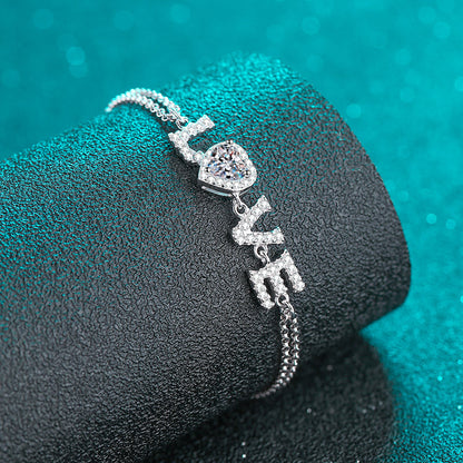 Elegant Stackable "Love" Letter Necklace for Women - 0.5ct Moissanite or 5mm Heart Zircon Choice in 925 Silver with 5-Layer Rhodium Plating
