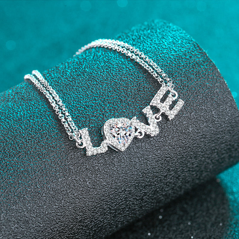 Elegant Stackable "Love" Letter Necklace for Women - 0.5ct Moissanite or 5mm Heart Zircon Choice in 925 Silver with 5-Layer Rhodium Plating