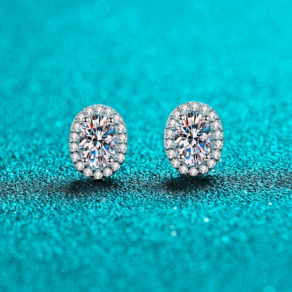 925 Sterling Silver PT950 Platinum Plated Oval Moissanite Stud Earrings - Geometric Minimalist Earrings (0.5ct-1ct per Earring)