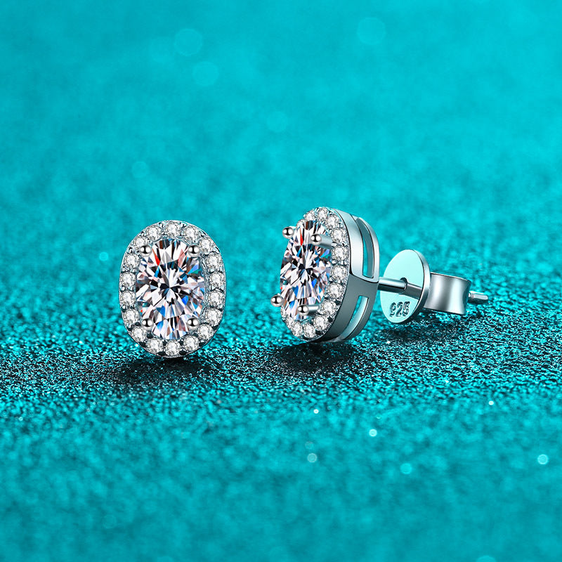 925 Sterling Silver PT950 Platinum Plated Oval Moissanite Stud Earrings - Geometric Minimalist Earrings (0.5ct-1ct per Earring)