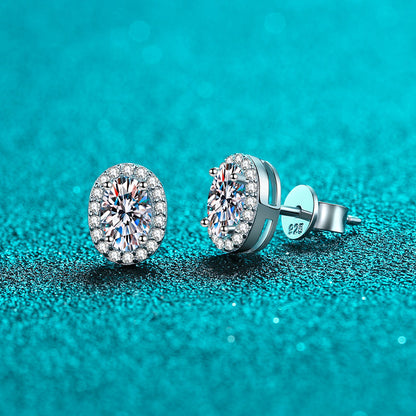 925 Sterling Silver PT950 Platinum Plated Oval Moissanite Stud Earrings - Geometric Minimalist Earrings (0.5ct-1ct per Earring)